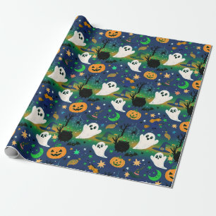 Papier Cadeau Fantômes et citrouilles, bleu avec motif vert