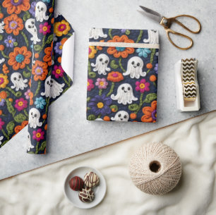 Papier Cadeau Fantômes et fleurs de style Crochet Halloween