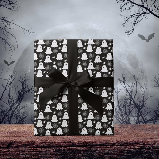 Papier Cadeau Fantômes mignons | Araignées | Spider Webs Hallowe (Cute Ghosts, Spiders and Spider Webs Halloween Black and White Patterned Wrapping Paper)