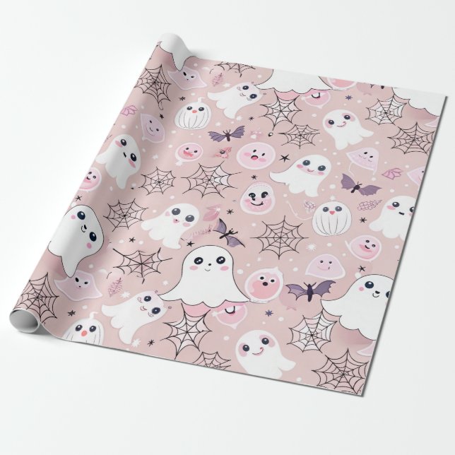 Papier Cadeau Fantômes roses et éléments d'Halloween Motif sans  (Déroulé)