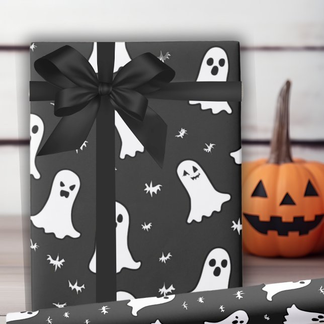 Papier Cadeau Fantômes Simplement Enchantés Noir Et Blanc Hallow (Simply Enchanted Ghosts Black And White Halloween Wrapping Paper)
