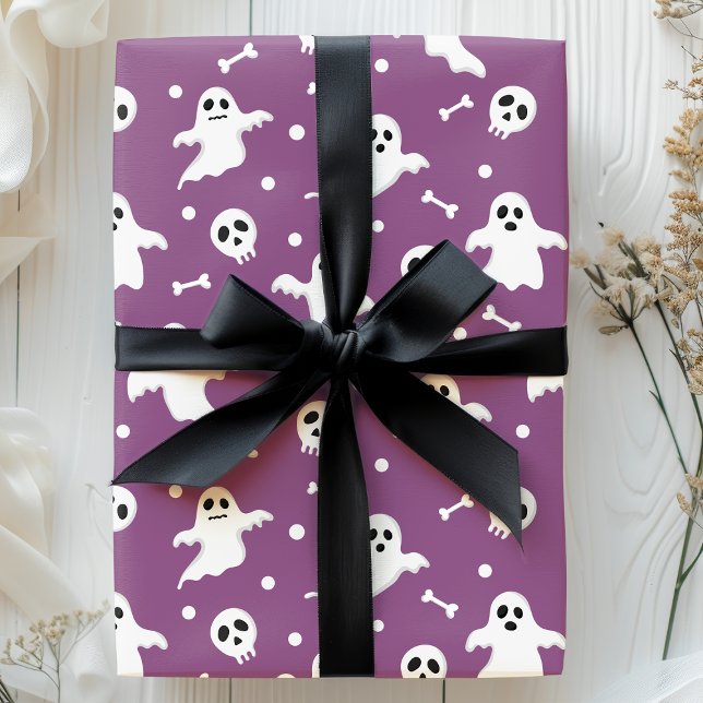 Papier Cadeau Fantômes violets effrayants et crânes Halloween (Créateur téléchargé)
