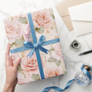 Papier Cadeau Fard à joues crème Roses roses florales Mariage