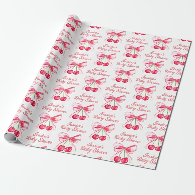 Papier Cadeau Fardeau Rose Coquette Nœud Cerise Fille Baby Showe (Déroulé)