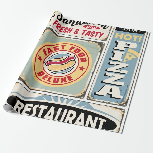 Papier Cadeau Fast food restaurants and diners retro signs colle (Déroulé)
