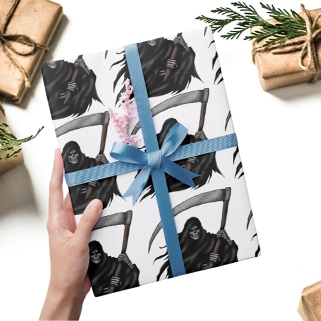 Papier Cadeau Faucheuse gothique Grim avec Scythe (blanc) (Créateur téléchargé)