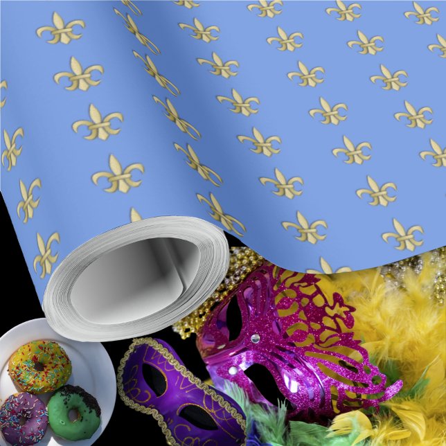 Papier Cadeau Faux Gold FleurDeLis sur Blue (Faux Gold FleurDeLis on Blue Wrapping Paper Roll by Leapfroglisics Shop)