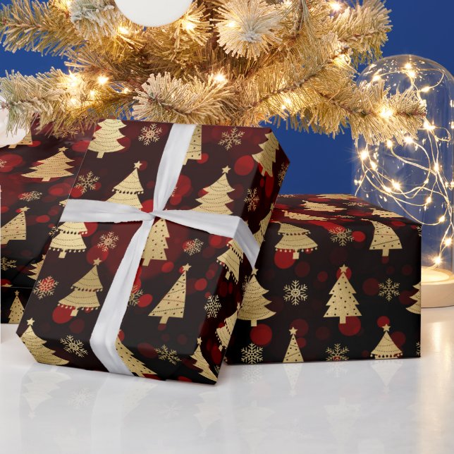 Papier Cadeau Faux Gold Foil Noël Arbres et bokeh rouge (Vacances)