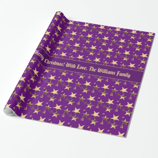 Papier Cadeau Faux Gold Purple Christmas Stars Motif Ajouter un  (Déroulé)