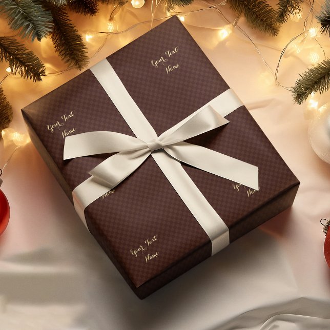 Papier Cadeau Faux Gold Script personnalisé Brown chèque Motif m (Custom Faux Gold Script Modern Brown Check Pattern Wrapping Paper)