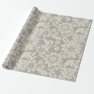 Papier Cadeau Faux lace ivoire sur gris argenté pour mariage de