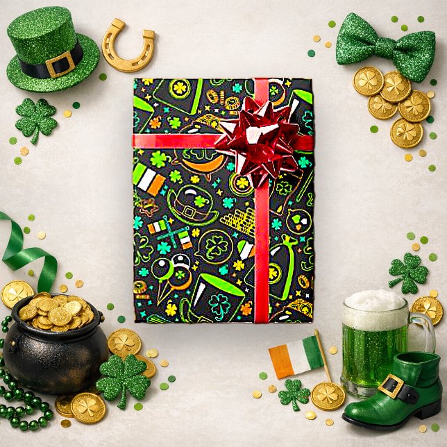 Papier Cadeau Faux Neon St. Patrick’s Day Irish Icon Pattern (Créateur téléchargé)
