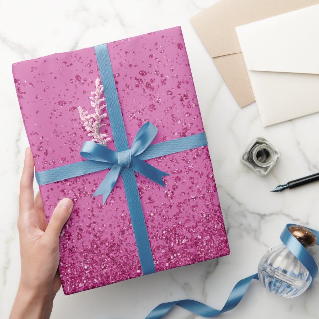 Papier Cadeau Faux Pailleté Rose Chaud  (Cadeaux)