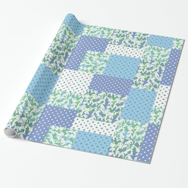 Papier Cadeau Faux Patchwork Bleu Vert Blanc Snowdrop Motif (Déroulé)