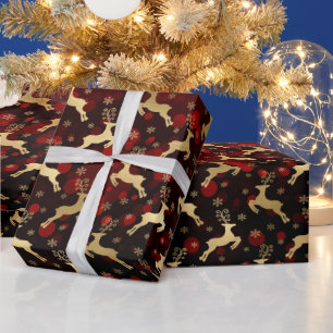 Papier Cadeau Faux renne de Noël en feuille d'or & bokeh rouge