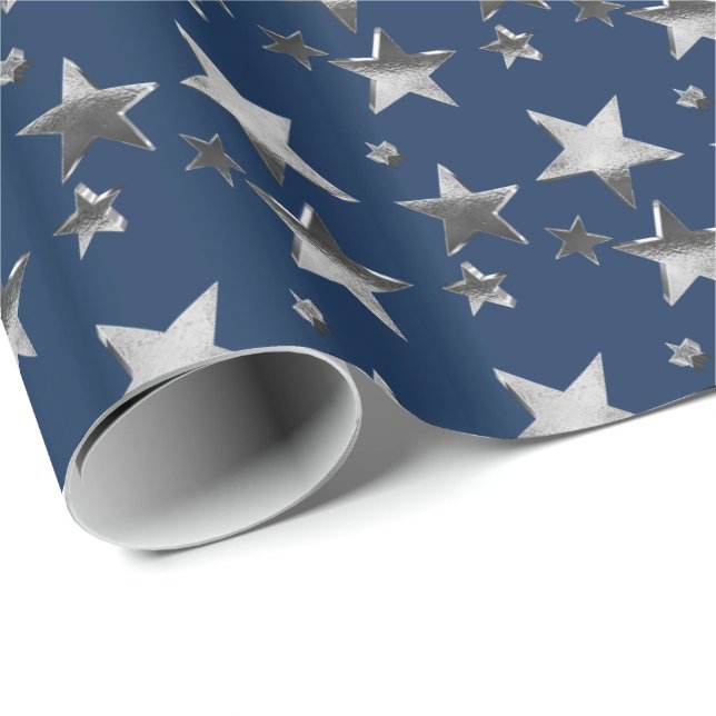 Papier Cadeau Faux Silver Christmas Stars Motif Navy Blue (Coin rond)