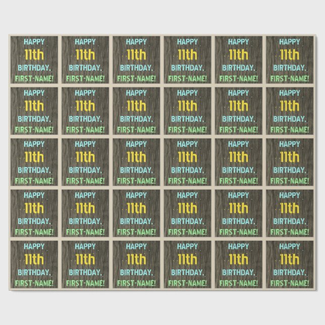 Papier Cadeau Faux Wood, Peint Texte Look, 11ème Anniversaire +  (Plat)