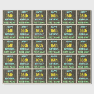 Papier Cadeau Faux Wood, Peint Texte Look, 16e anniversaire + No