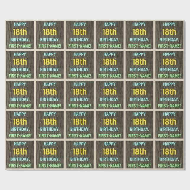 Papier Cadeau Faux Wood, Peint Texte Look, 18e anniversaire + No (Plat)