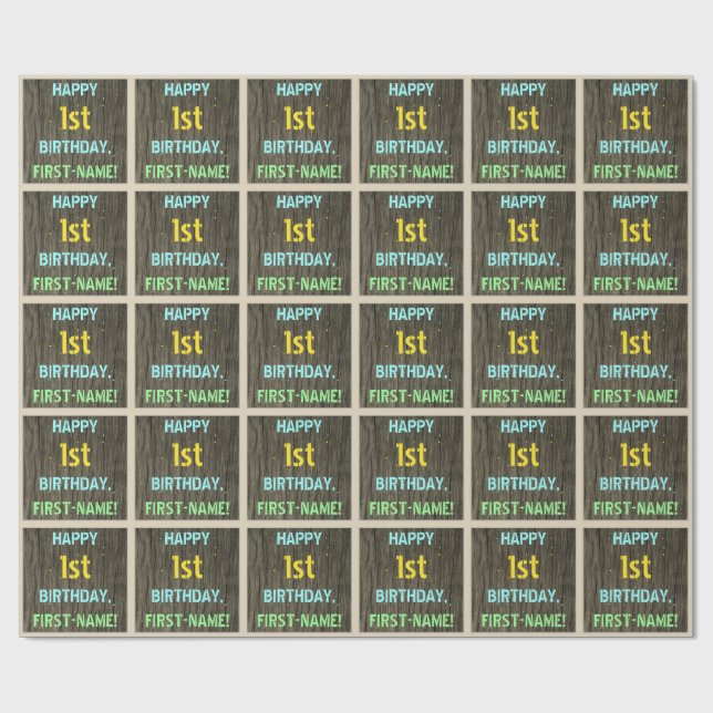 Papier Cadeau Faux Wood, Peint Texte Look, 1er Anniversaire + No (Plat)