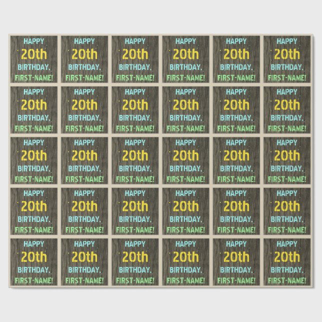 Papier Cadeau Faux Wood, Peint Texte Look, 20e anniversaire + No (Plat)