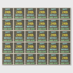 Papier Cadeau Faux Wood, Peint Texte Look, 24e anniversaire + No