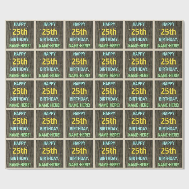 Papier Cadeau Faux Wood, Peint Texte Look, 25e anniversaire + No (Plat)