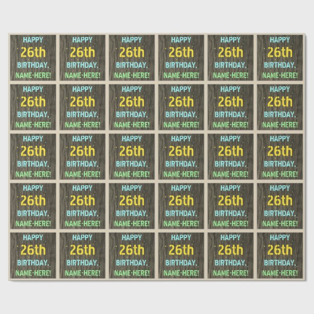 Papier Cadeau Faux Wood, Peint Texte Look, 26e anniversaire + No (Plat)