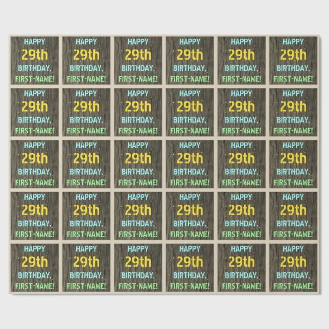 Papier Cadeau Faux Wood, Peint Texte Look, 29e anniversaire + No (Plat)