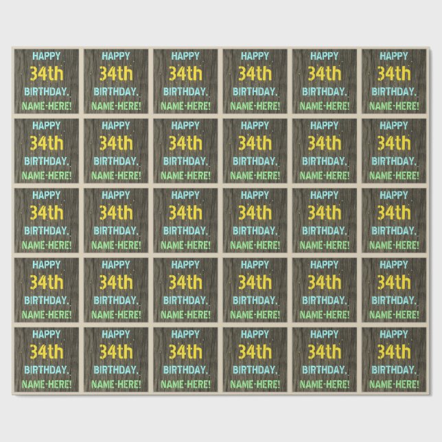 Papier Cadeau Faux Wood, Peint Texte Look, 34e anniversaire + No (Plat)