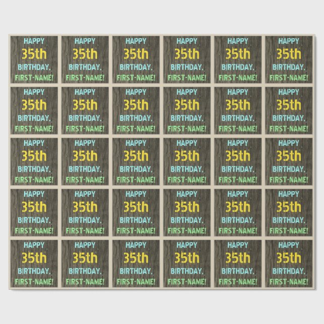 Papier Cadeau Faux Wood, Peint Texte Look, 35e anniversaire + No (Plat)