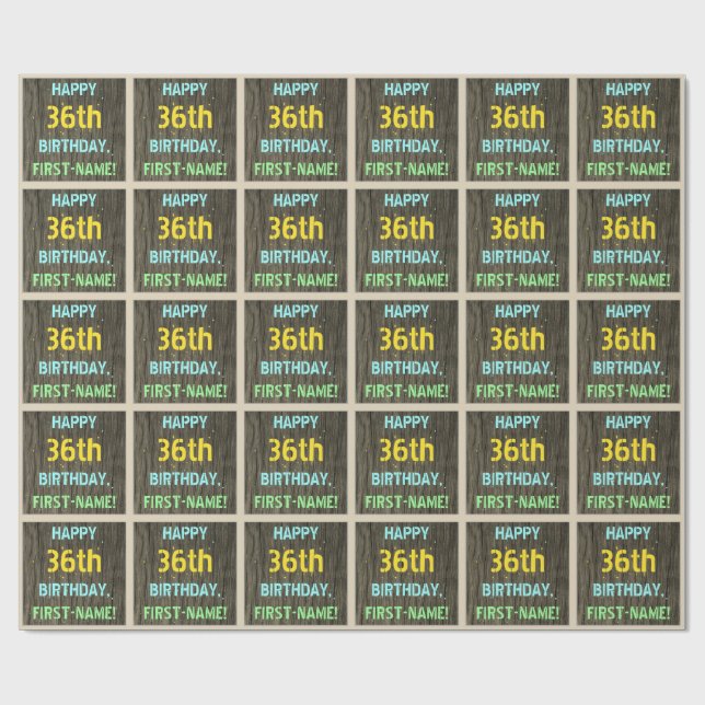 Papier Cadeau Faux Wood, Peint Texte Look, 36e anniversaire + No (Plat)