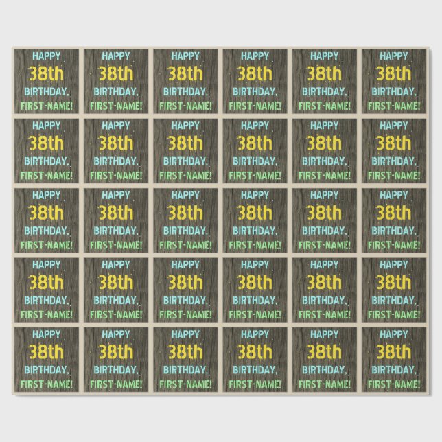 Papier Cadeau Faux Wood, Peint Texte Look, 38e anniversaire + No (Plat)