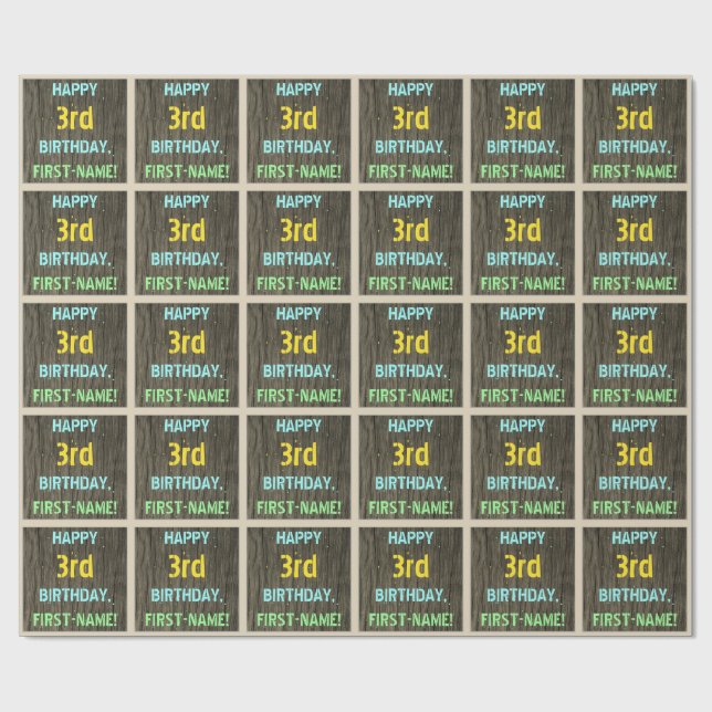 Papier Cadeau Faux Wood, Peint Texte Look, 3e anniversaire + nom (Plat)