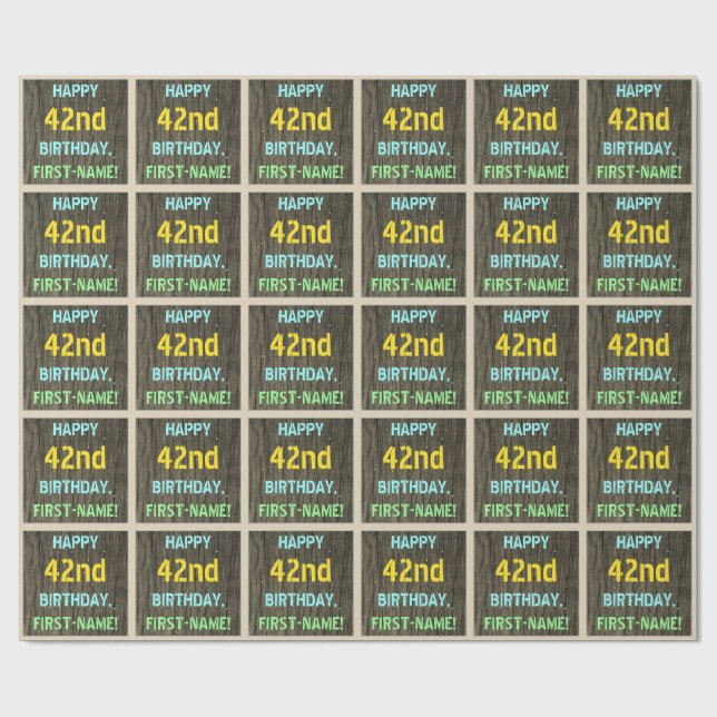 Papier Cadeau Faux Wood, Peint Texte Look, 42e anniversaire + No (Plat)