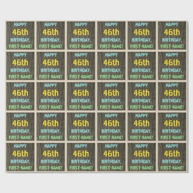 Papier Cadeau Faux Wood, Peint Texte Look, 46e anniversaire + No (Plat)