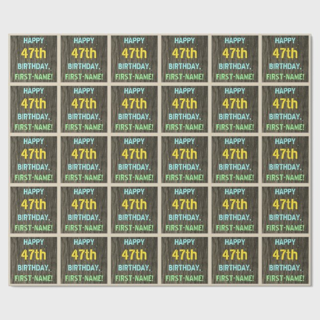 Papier Cadeau Faux Wood, Peint Texte Look, 47e anniversaire + No (Plat)