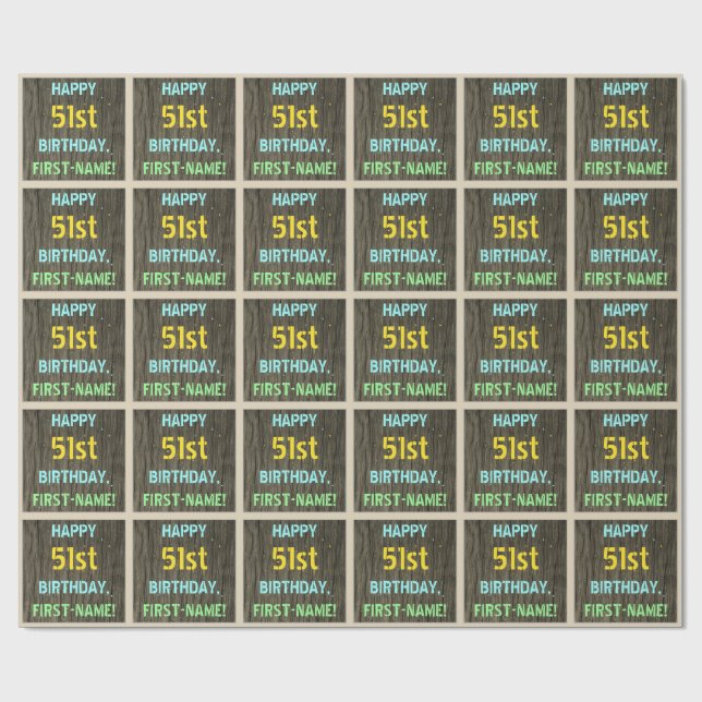 Papier Cadeau Faux Wood, Peint Texte Look, 51e anniversaire + No (Plat)