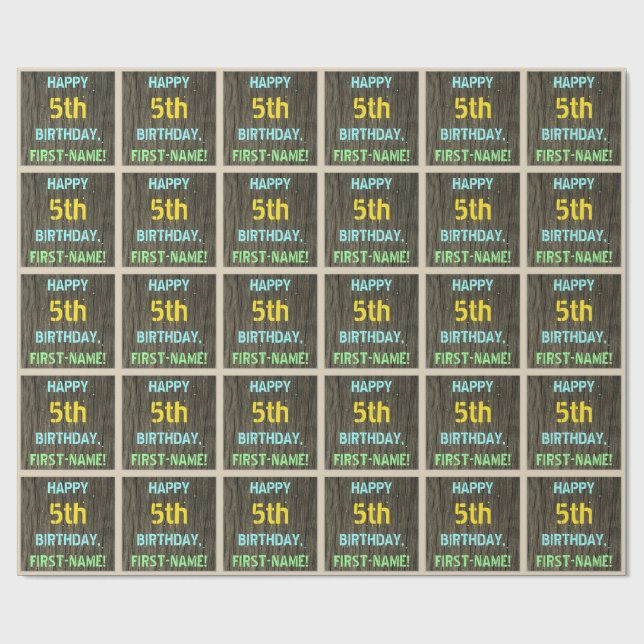 Papier Cadeau Faux Wood, Peint Texte Look, 5e anniversaire + Nom (Plat)