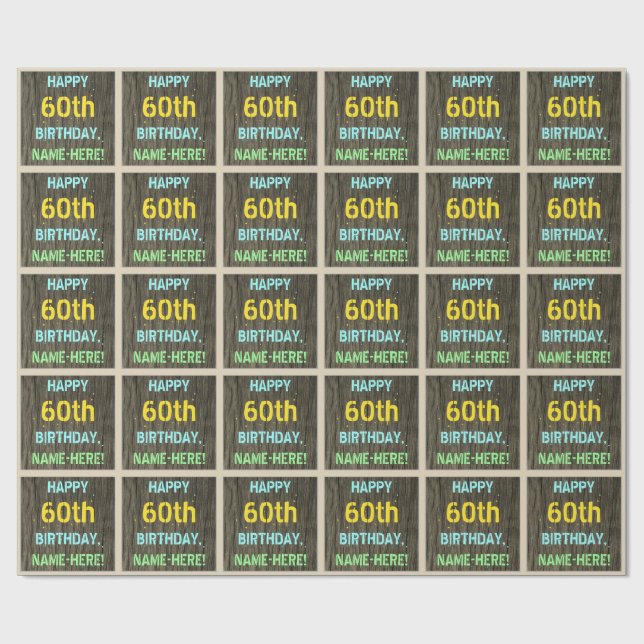 Papier Cadeau Faux Wood, Peint Texte Look, 60e anniversaire + No (Plat)