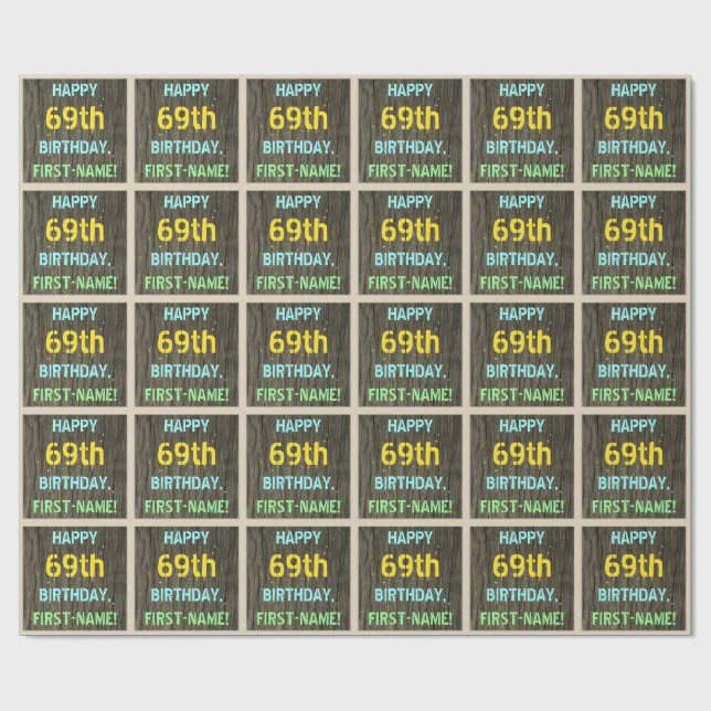 Papier Cadeau Faux Wood, Peint Texte Look, 69e anniversaire + No (Plat)