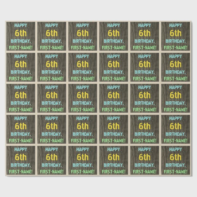 Papier Cadeau Faux Wood, Peint Texte Look, 6e anniversaire + Nom (Plat)