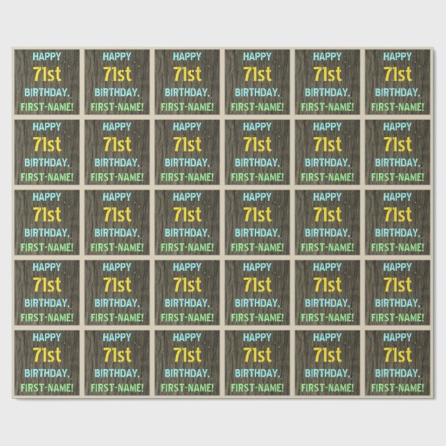Papier Cadeau Faux Wood, Peint Texte Look, 71e anniversaire + No (Plat)