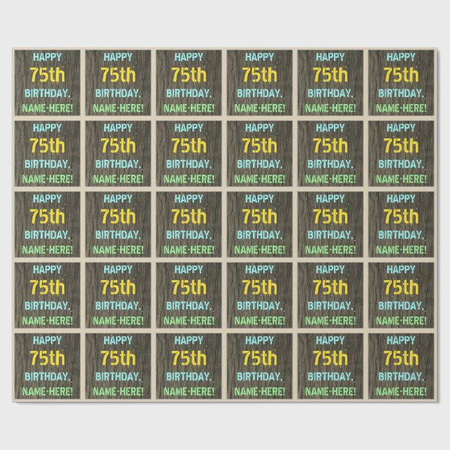 Papier Cadeau Faux Wood, Peint Texte Look, 75e anniversaire + No (Plat)