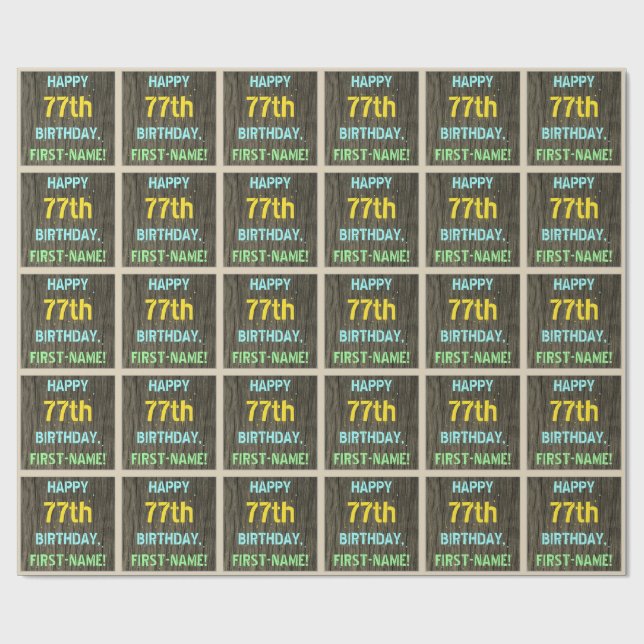 Papier Cadeau Faux Wood, Peint Texte Look, 77e anniversaire + No (Plat)