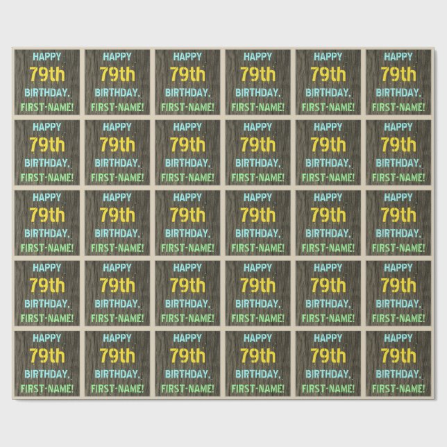 Papier Cadeau Faux Wood, Peint Texte Look, 79e anniversaire + No (Plat)