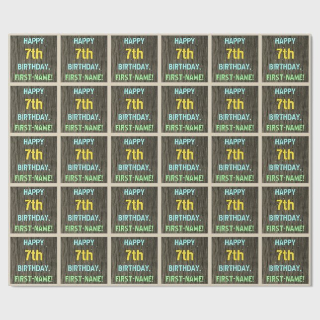 Papier Cadeau Faux Wood, Peint Texte Look, 7e anniversaire + Nom (Plat)