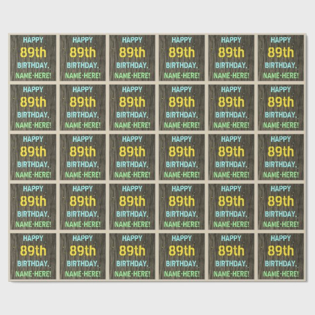 Papier Cadeau Faux Wood, Peint Texte Look, 89e anniversaire + No (Plat)