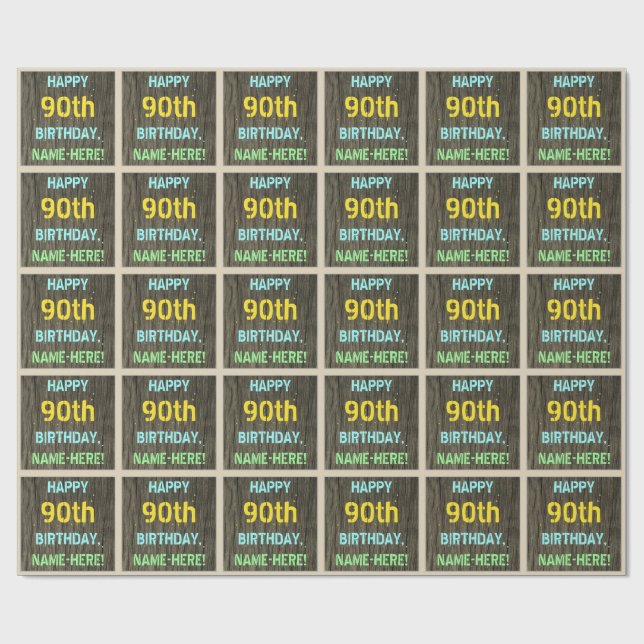 Papier Cadeau Faux Wood, Peint Texte Look, 90e anniversaire + No (Plat)