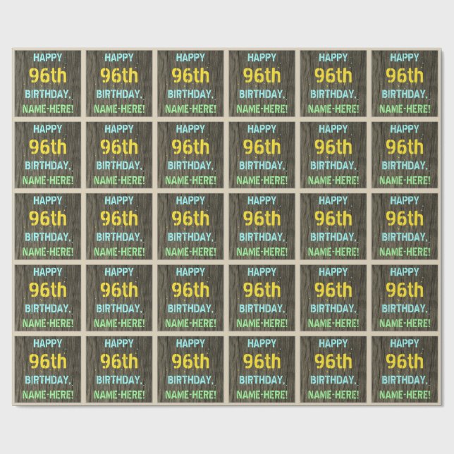Papier Cadeau Faux Wood, Peint Texte Look, 96e anniversaire + No (Plat)